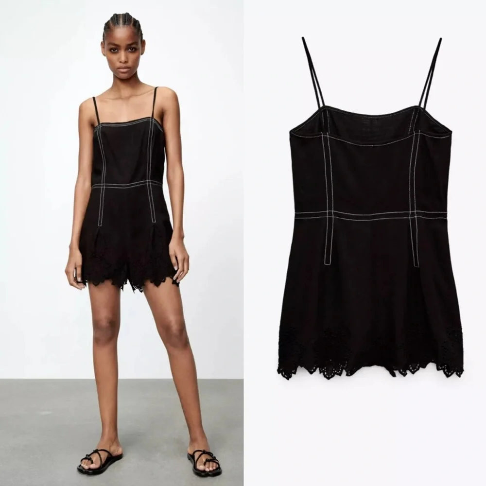 NWT ZARA Short Jumpsuit Topstitching Eyelet Embroidery‎ Hem Straps 7200/113 XS